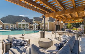 Poolside cabana, lounge area and splash pad